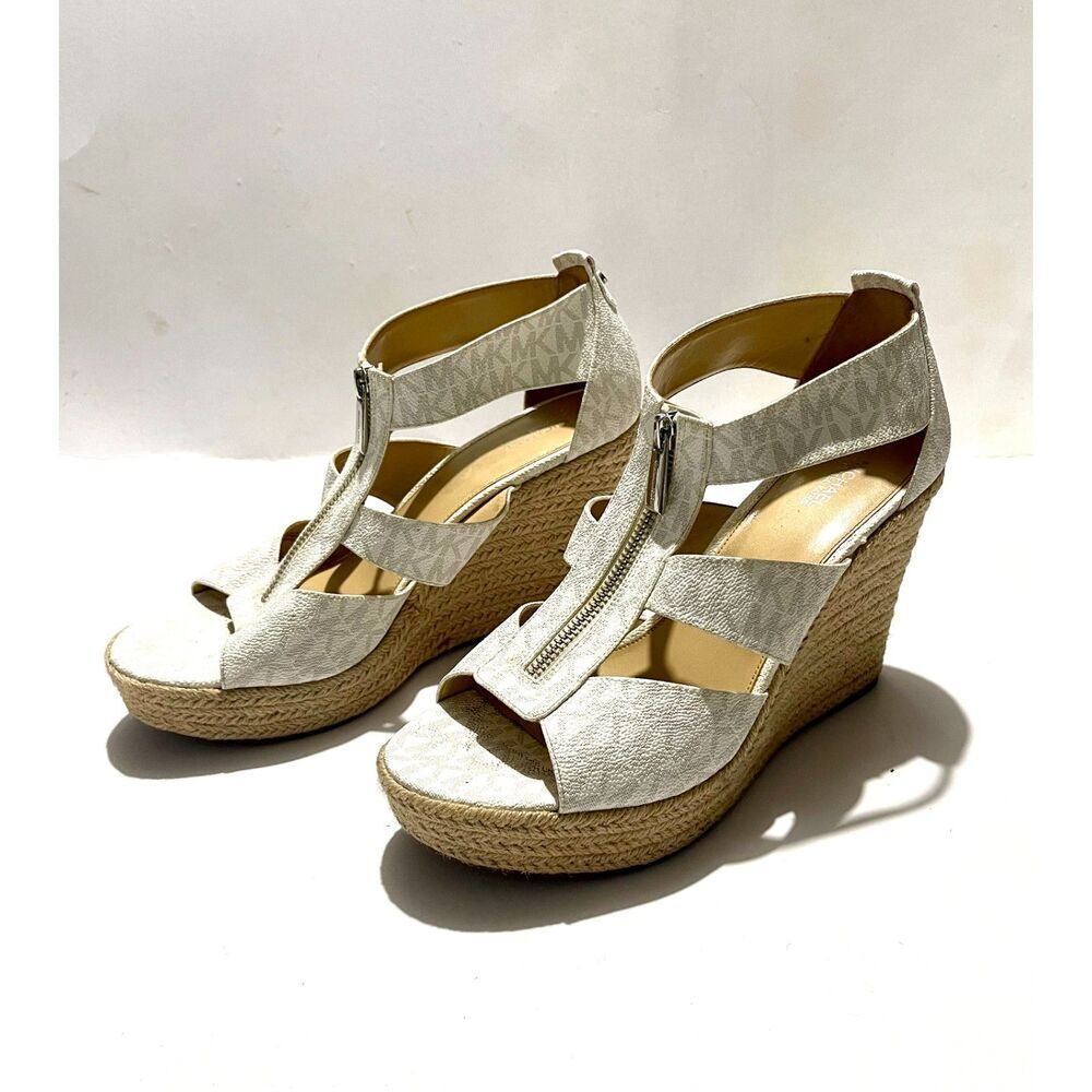 Michael Michael Kors espadrille wedges white gray logo zipper comfy women's 10.5